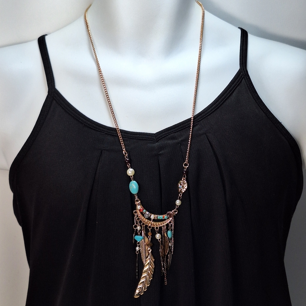 Gold Tone Tassel Bib Statement Necklace Feather Turquoise Beads